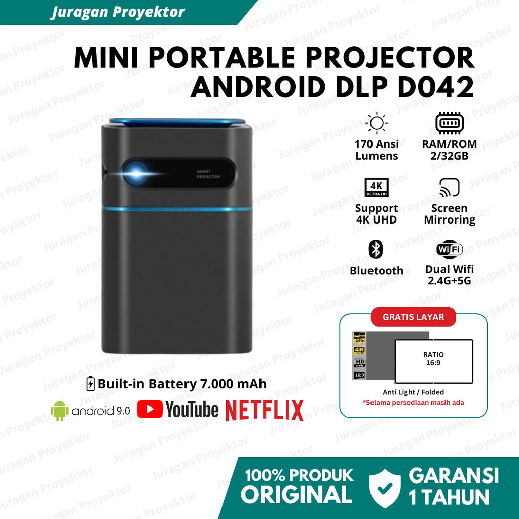 Proyektor Mini DLP D042 170 ANSI Lumens Built In Battery 7000MAH | Proyektor Android RAM 2/32GB
