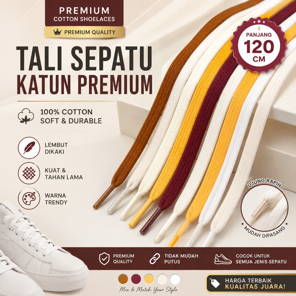 SALE Tali Sepatu Pipih Katun Premium Putih 8mm Panjang 120cm Cotton Shoelaces Sneakers Pria Wanita