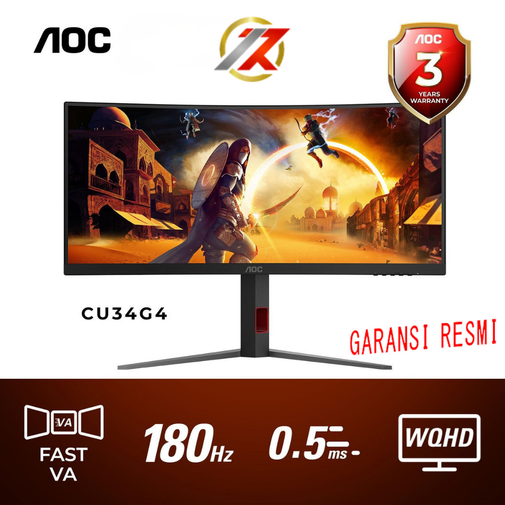 Monitor AOC CU34G4 34" Fast VA 0.5ms 180Hz Ultrawide WQHD Curved Gaming Monitor 34 INCH CURVE 180Hz