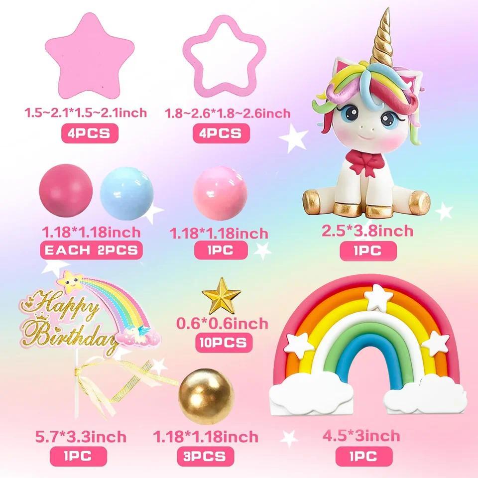Unicorn Cake Topper Rainbow Cake Decorations with Stars Unicorn Balls Happy Birthday Cake Decoration