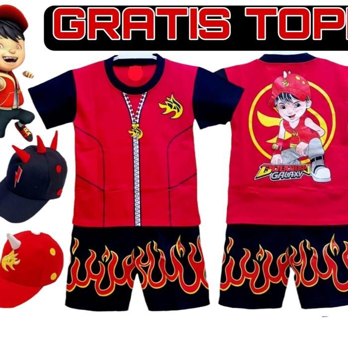 kostum baju anak boboiboy free topi / baju anak boboiboy api halilintar orange daun galaxy jeans - B