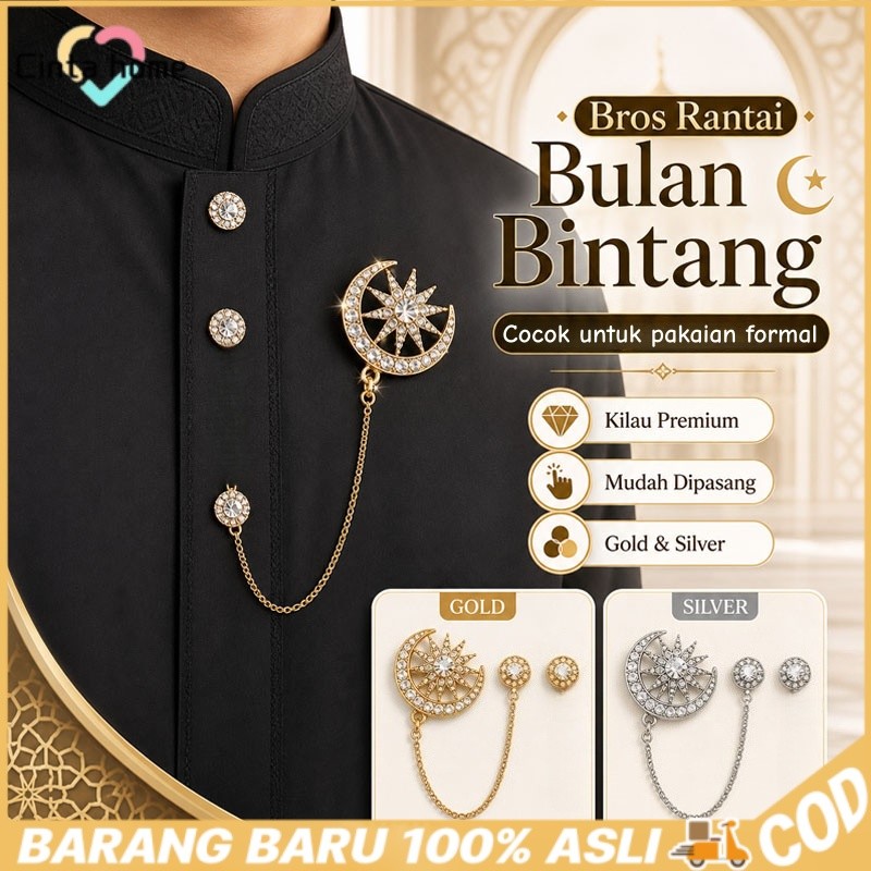 5PCS/Set Bros Dan Kancing Muslim Pin Bros Pria Kancing Kemeja Pria Aksesoris Jas Pria Bintang Bulan 