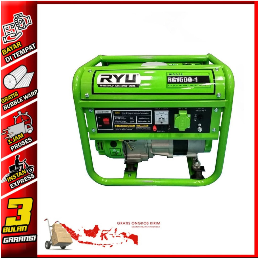 RYU GASOLINE GENERATOR SET RG1500-1 - GENERATOR LISTRIK GENSET RUMAH TOKO 1000 Watt