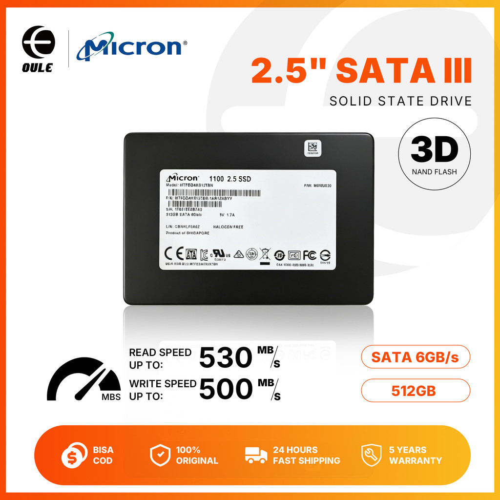 Micron SSD 1100 / 1300 M600 512GB SATA III 2.5 Inch 530MB/s Tahan Lama Garansi 3D TLC NAND untuk Lap