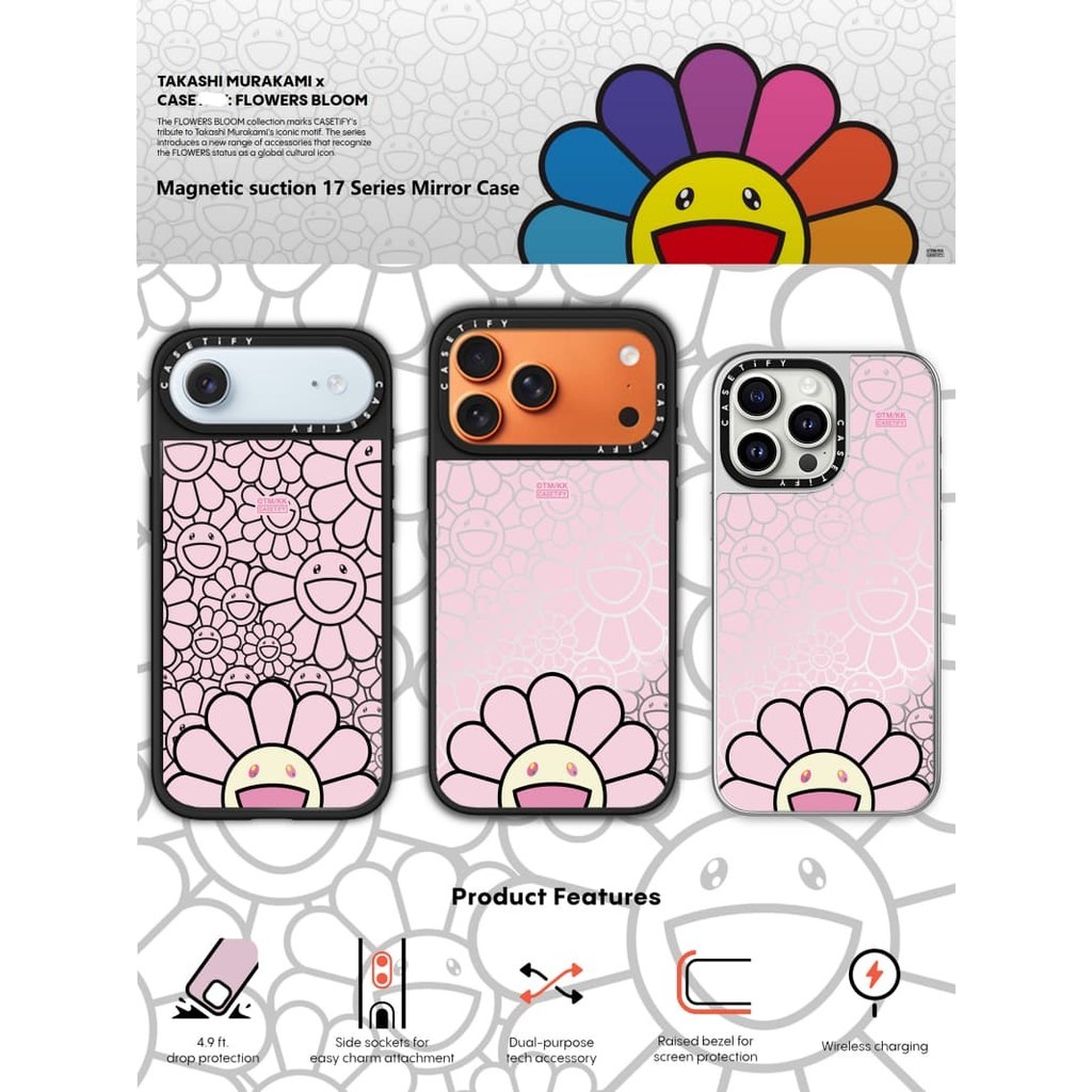 TAKASHI MURAKAMI x CASECASE: FLOWERS BLOOM SMILE (PINK) Black&Sliver Mirror Magnetic suction iPhone 