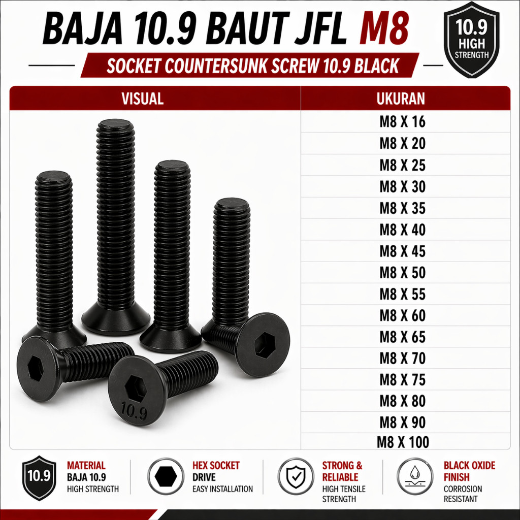 Baja 10.9 Baut JFL M8X65 / Baut Verseng L 8X65 / Countersunk L M8 X 65 / 8 X 65  - Socket Countersun