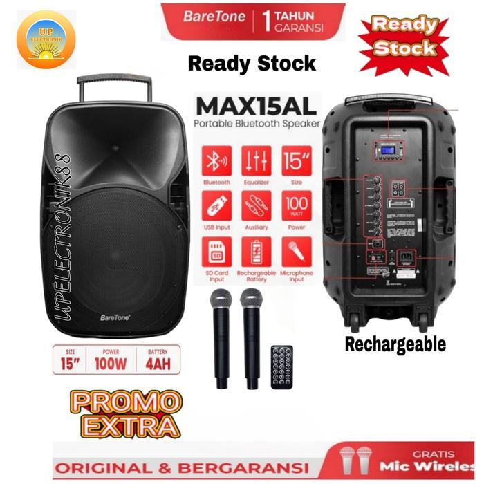 Speaker Portable 15 Inch BARETONE MAX15AL Bluetooth Usb Mp3 Original