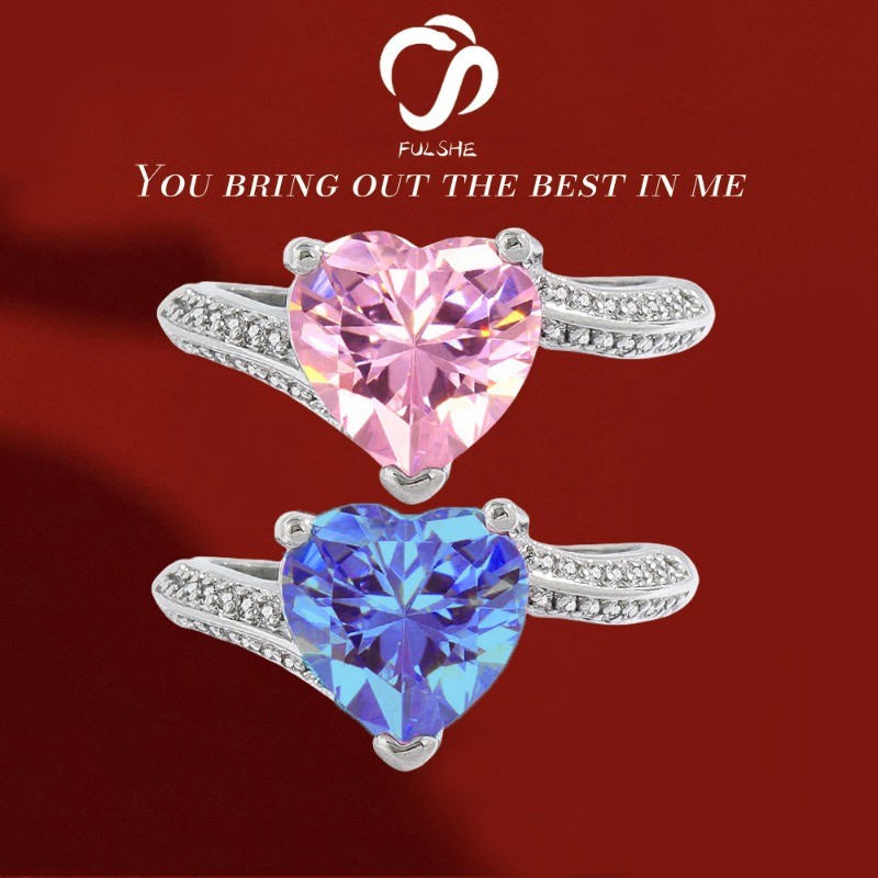 FULSHE Cincin Berlian Mewah Wanita Berbentuk Hati Berkilau Cincin Berlian Merah Muda Gaya Korea Asli