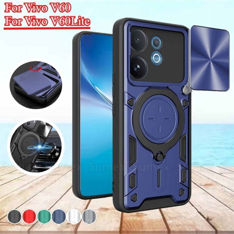 Slide Camera Protect Casing untuk Vivo V60 VivoV60 Lite 5G Phone Case Armor Ring Bracket Stand Tahan