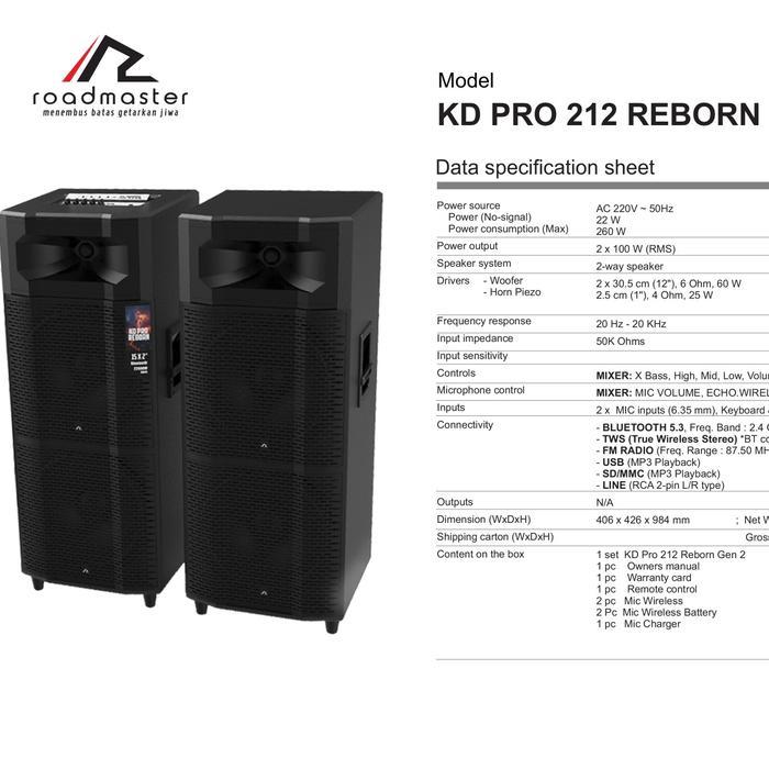 TWS Bluetooth Speaker Aktif Roadmaster KD PRO REBORN Series ( 215 Gen2 dan 212 Gen2 ) - Free 2 Mic W