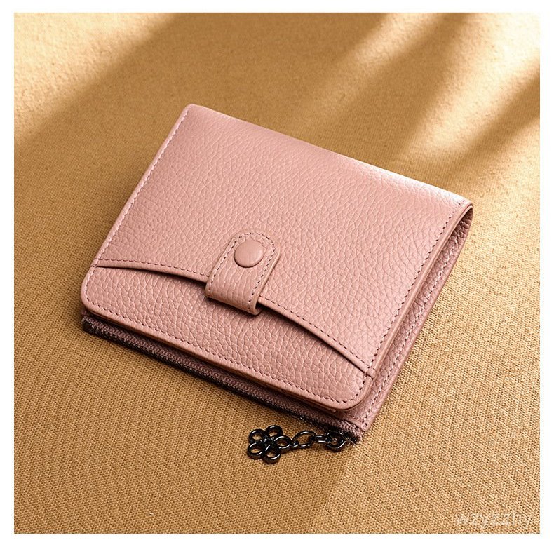 Dompet Kulit Asli Pendek untuk Wanita, Dompet Lipat Dua dengan Ritsleting, Gaya Fashionable Korea, T