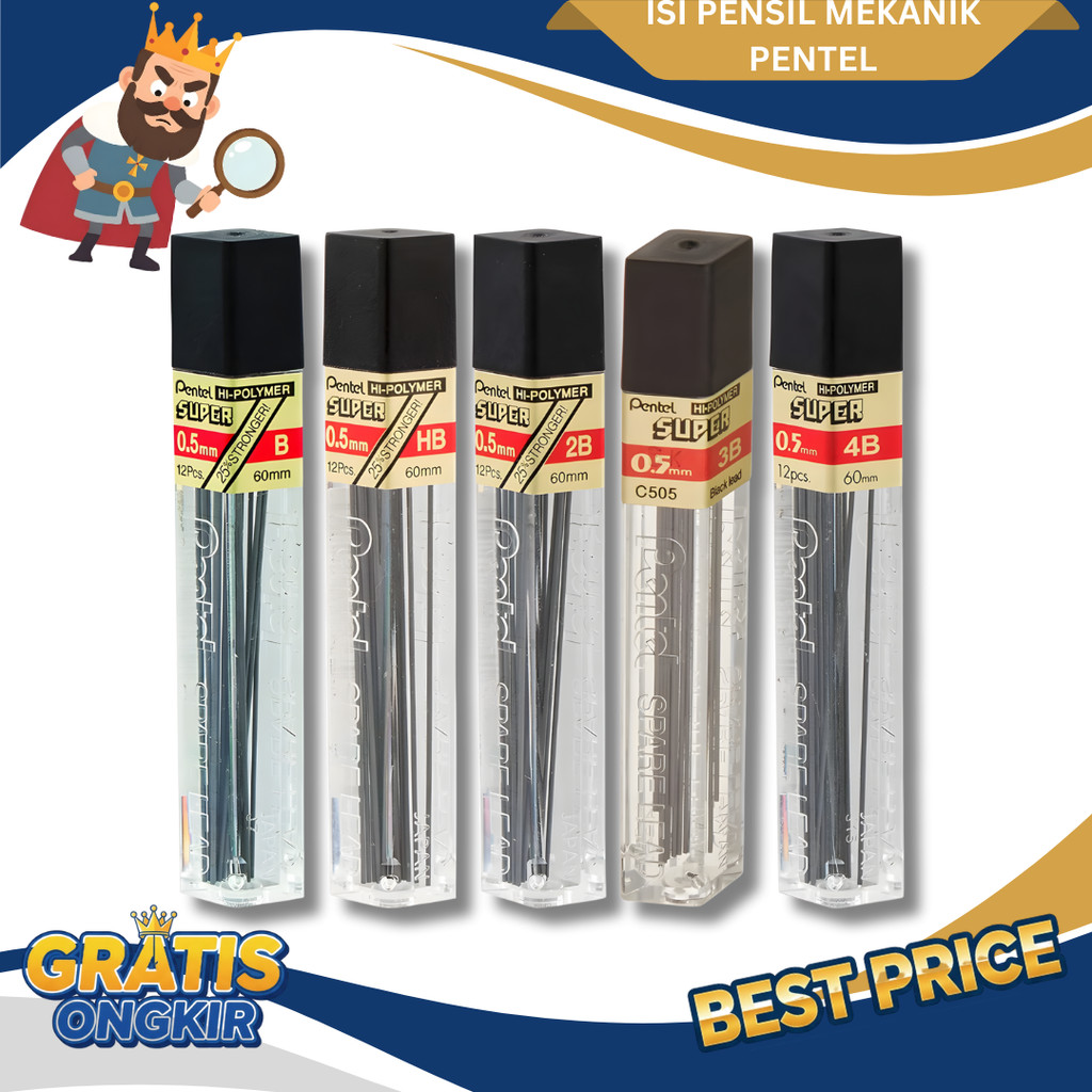 Pentel Isi Pensil Mekanik C505 HI-Polymer Super Lead 0.5mm 2B / 3B / 4B / HB / B Refill Pencil Isi 1