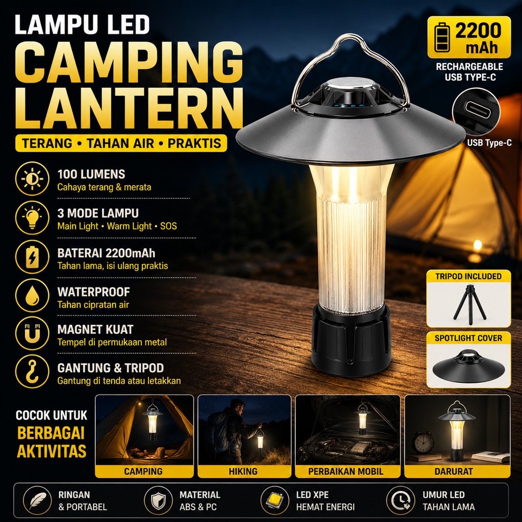 Lampu Led Camping Lantern Dimmable Waterproof 2200mah Senter Tenda Gantung Magnet Tripod Portable Us