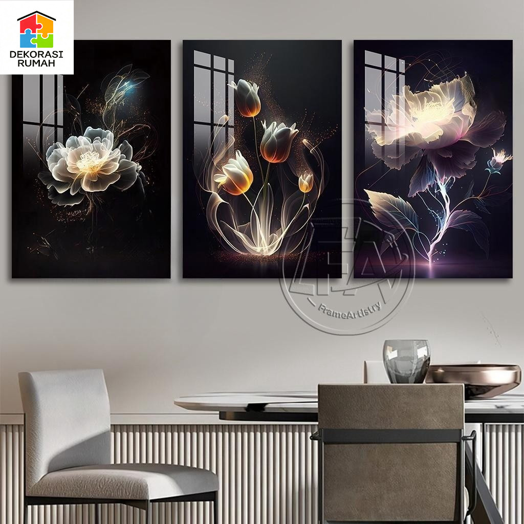 Hiasan Dinding 3 Panel Kristal Keramik - Bunga Abstrak Mewah Untuk Sofa Ruang Tamu
