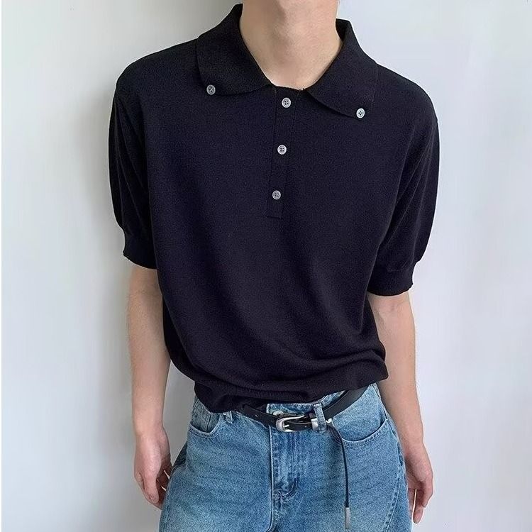 Desain Amerika kancing gaya lama uang gaya lengan pendek polo kasual kerah sederhana rajutan seragam