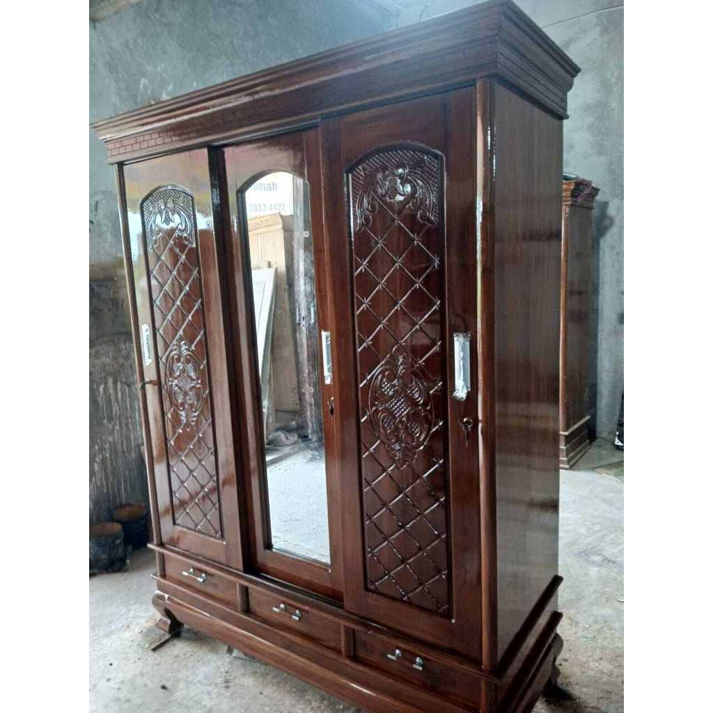 lemari pakaian 3 pintu sliding full kayu asli jati tua