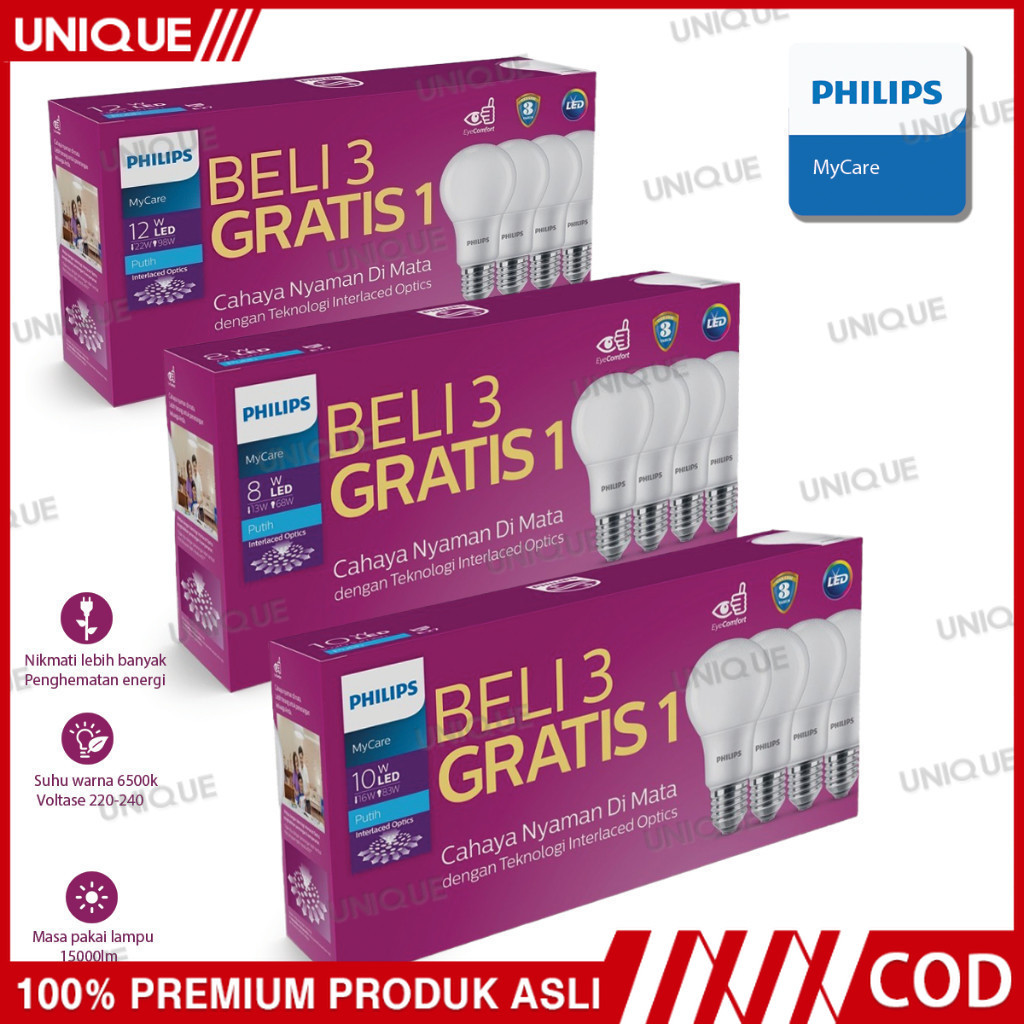 [Beli 3 Gratis 1] Lampu LED Philip Paket 8W 10W 12W 15 Watt Multipack Lampu Led Rumah Led Putih Bulb