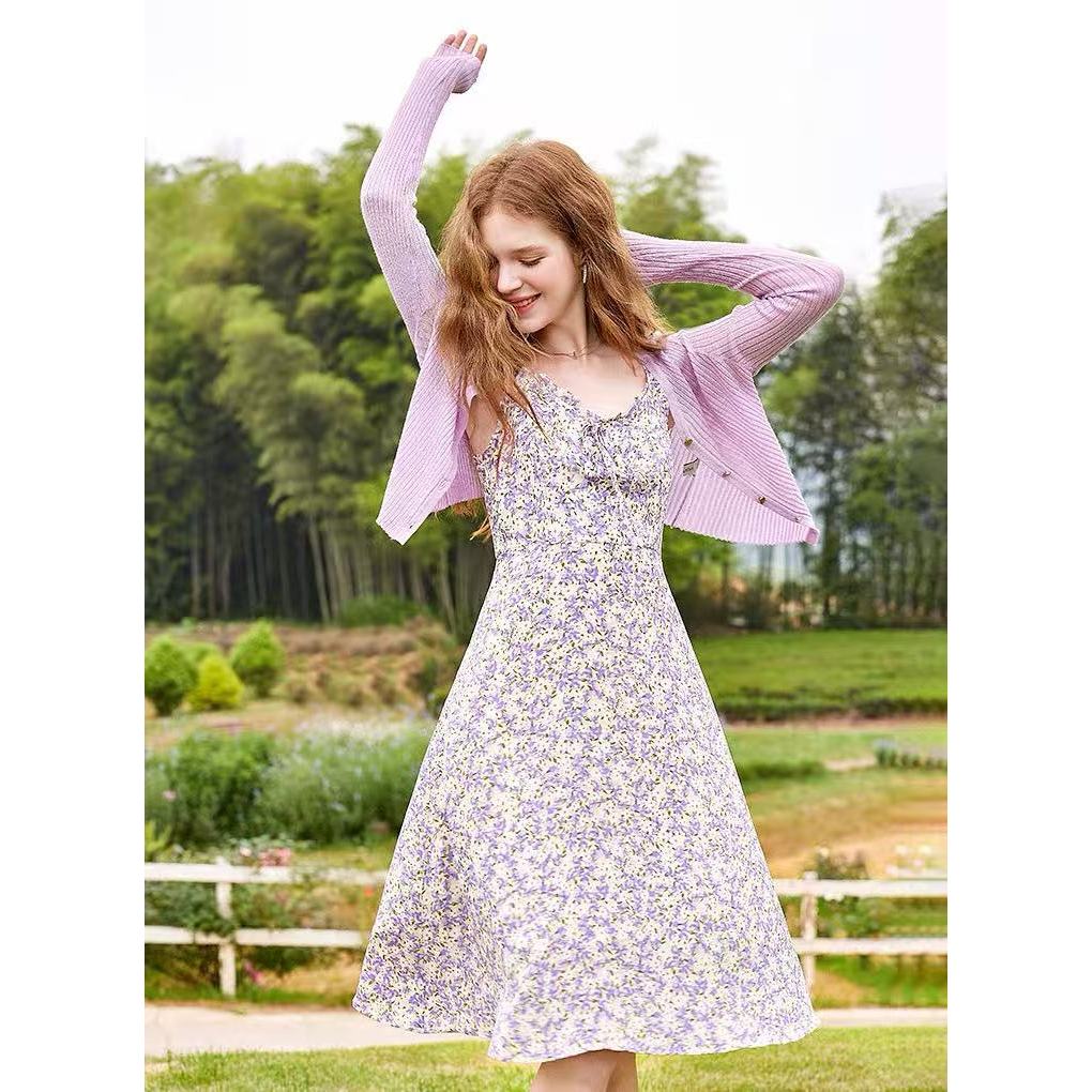 Gaun Suspender Floral Cardigan Rajut Baru