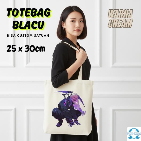 Totebag Blacu Cream 25x30 Cm Resleting Custom Full Color Logo Produk Anime Fanart Foto dan Tulisan |