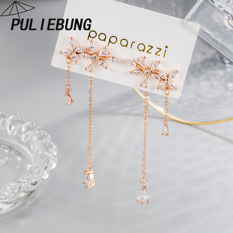 Anting-anting Rumbai Berlapis Emas Mawar dengan Bunga Elegan dan Rhinestone untuk Wanita