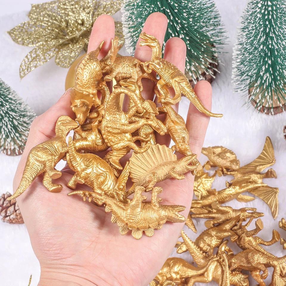 48PCS Mainan Figur Dinosaurus Mini Berwarna Emas Metalik, Figur Dinosaurus Emas Untuk Anak Laki-Laki