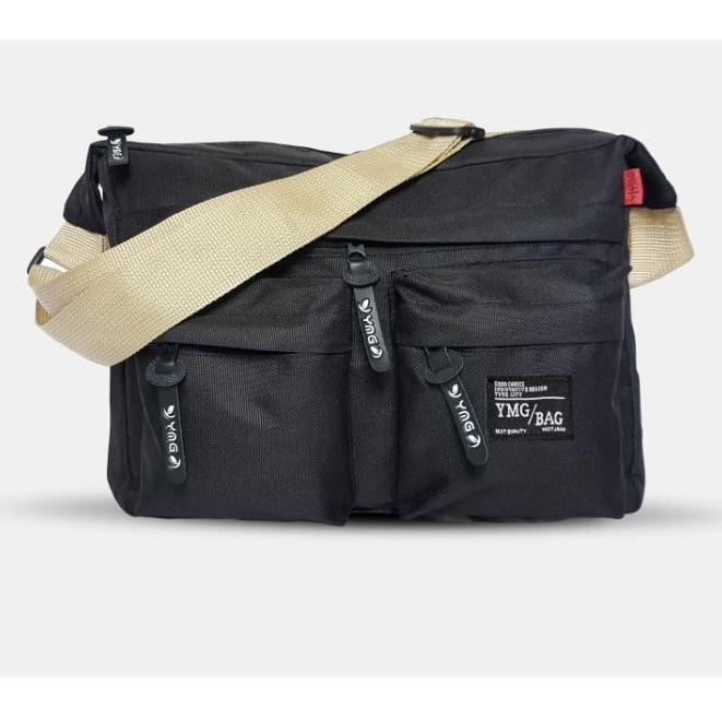 Tas Selempang Distro Pria Kanvas Tas Sekolah Kuliah Casual Hitam - Hitam