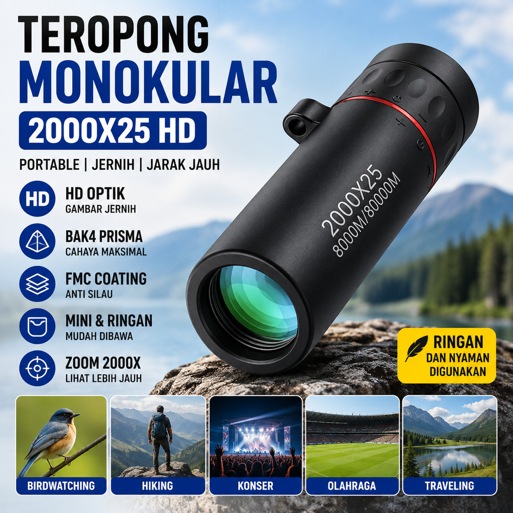 Teropong Monokular Portable HD Zoom 2000x25 Lensa Optik BAK4 FMC Anti Silau Gambar Jernih Sudut Leba