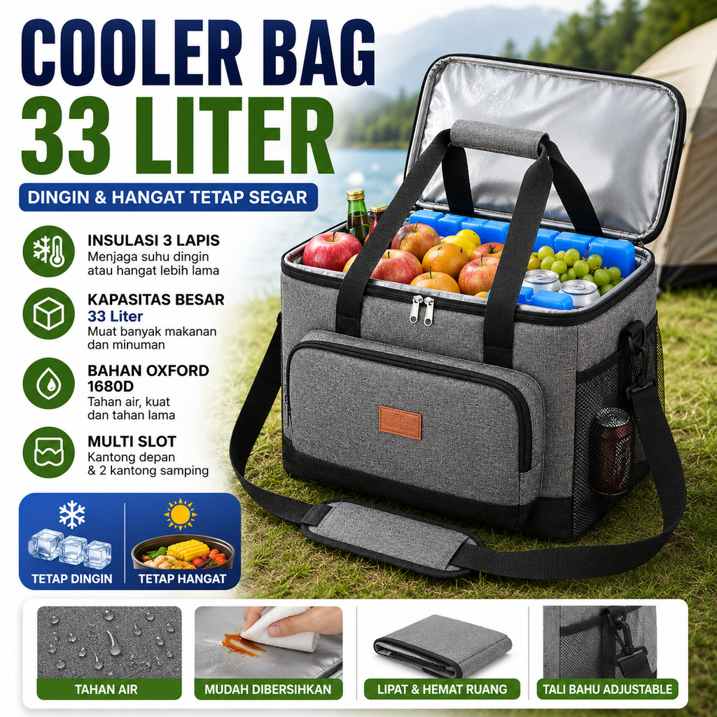 Tas Piknik Camping Cooler Bag Thermal Insulated 33L Box Es Penyimpan Makanan Minuman Dingin Hangat T