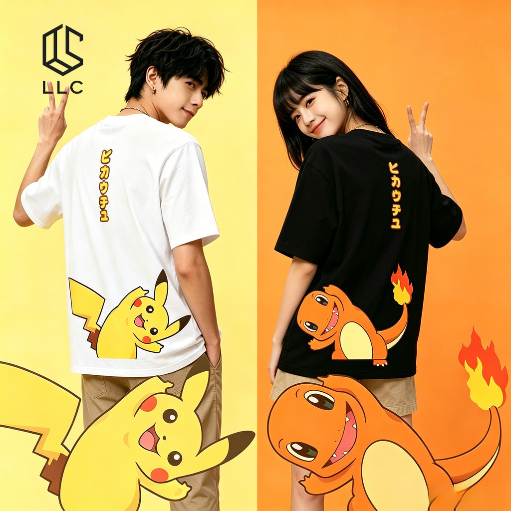 COD Kaos Couple Putih Motif Tikus Listrik Kuning Kartun Imut Naga Api Kecil Kartun Imut , Kaos Santa