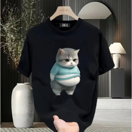 T-shirt Lelaki Cotton 100% Corak Kucing Kecil Gemuk - Lembut Kasual Potongan Lega Leher Bulat