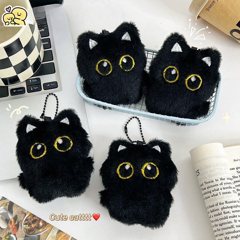 davedesign #ST218 GANTUNGAN KUNCI BONEKA BULU PREMIUM IMPORT KARAKTER KUCING HITAM KEYCHAIN FLUFFY B