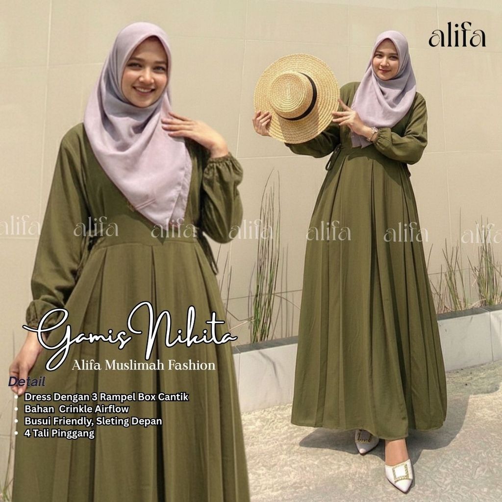 Alifa Muslimah Fashion - Gamis warna Army/olive/hijau lumut/Deep Green / Hijau Tua/Seaweed -Nikita