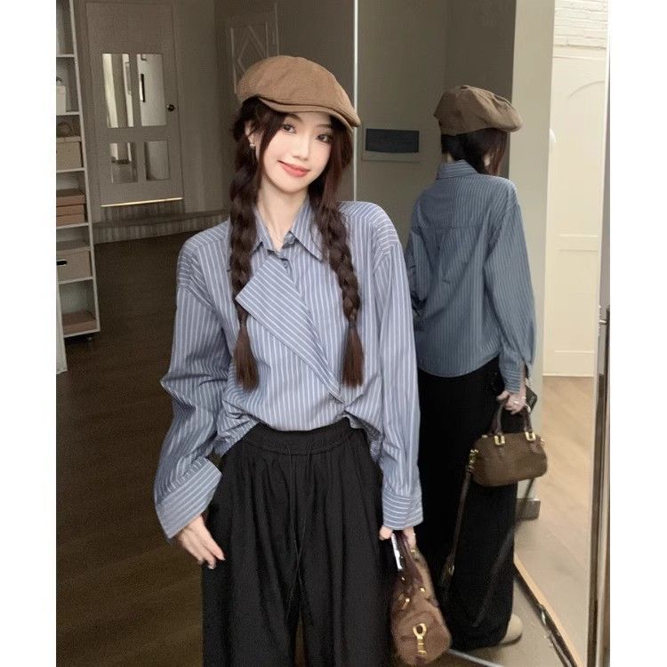 Kemeja Bergaris Biru Tua Gaya Korea untuk Wanita, Desain Musim Gugur Baru