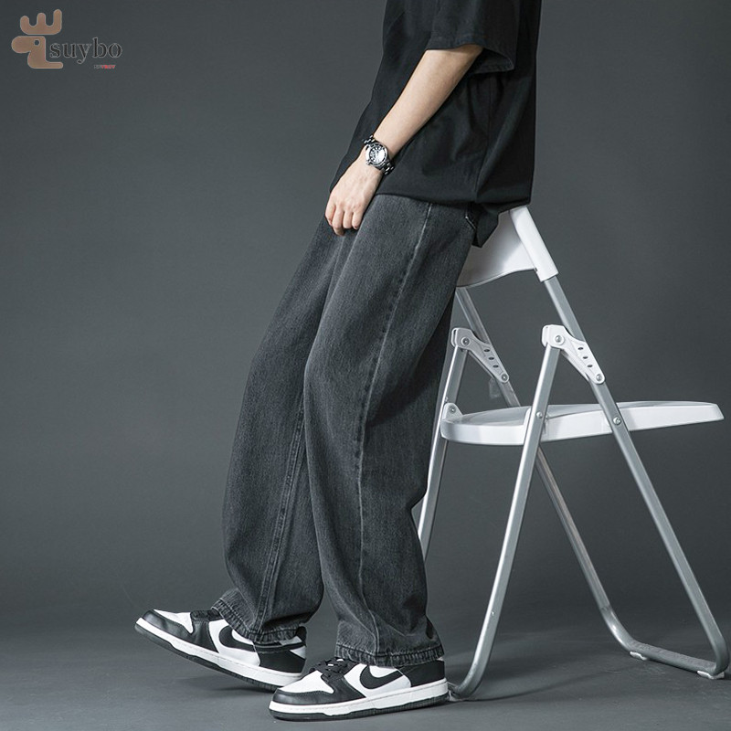 Suyboy Celana Jeans pria Basic Loose Denim Baggy Pants Wide Leg Gombrong Jeans panjang pria