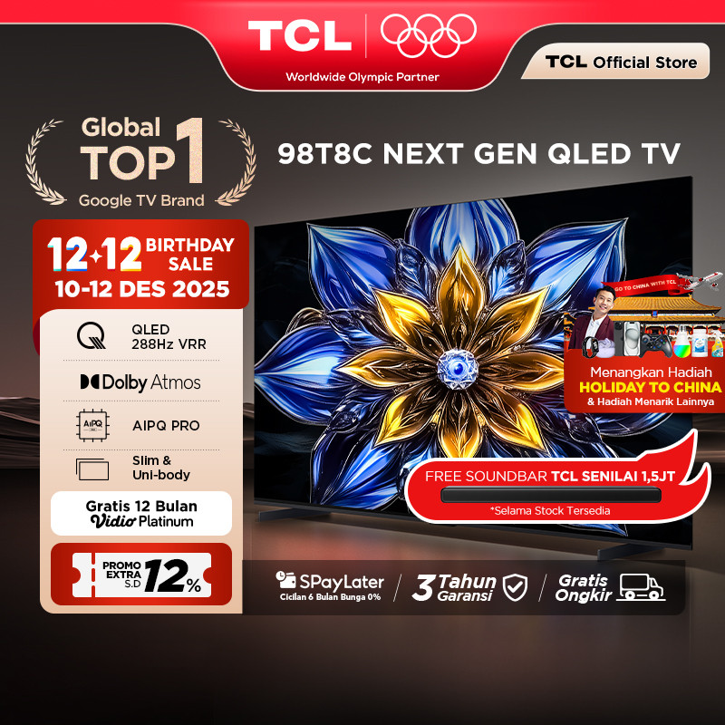 TCL Next Gen QLED 98 Inch T8C - 4K Google TV - HVA Screen - HDR10+ - Dolby Vision & Atmos - 288Hz VR