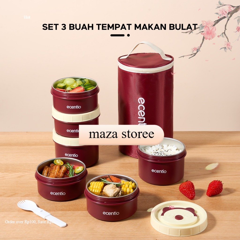 ecentio Lunch Box Kotak Makan 4PCS Set Stainless 304 Anti Tumpah (Merah)