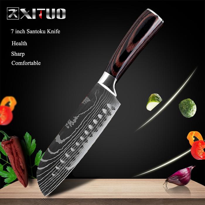 Pisau Dapur Santoku Serbaguna Motif Damascus Chef Knife Gagang Kayu - Santoku Knife