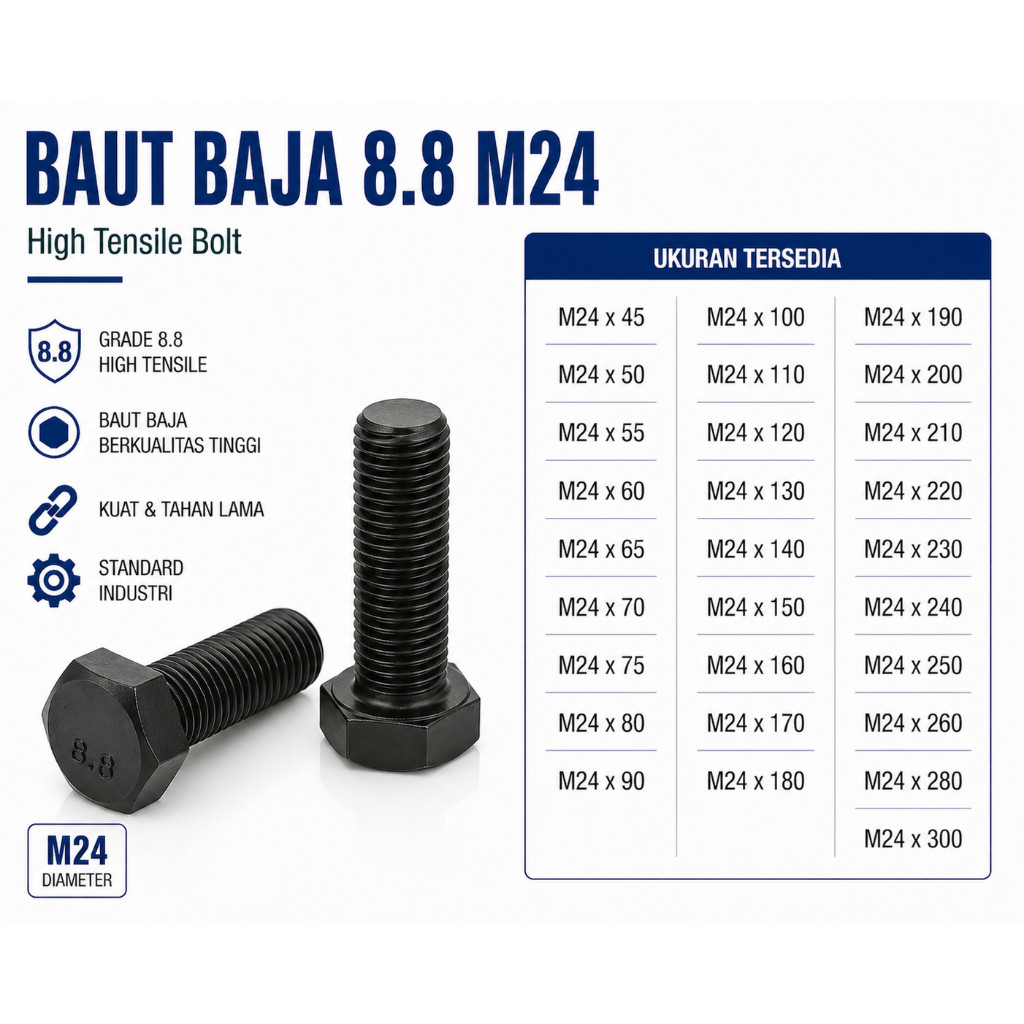 Baja 8.8 Baut M24X300 / Baut 24X300 / M24 X 300 / 24 X 300  Grade 8.8 HTB - High Tensile Bolt Half D