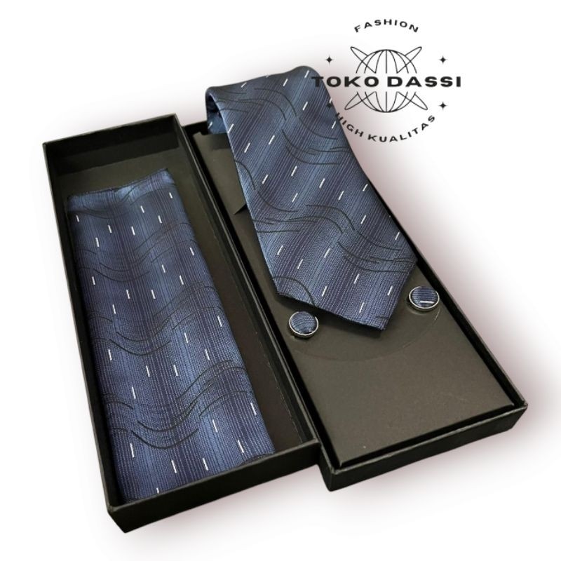 dasi pria premium motif salur 3 paket dasi premium+saputangan+cuffling hitam banyak varian warna