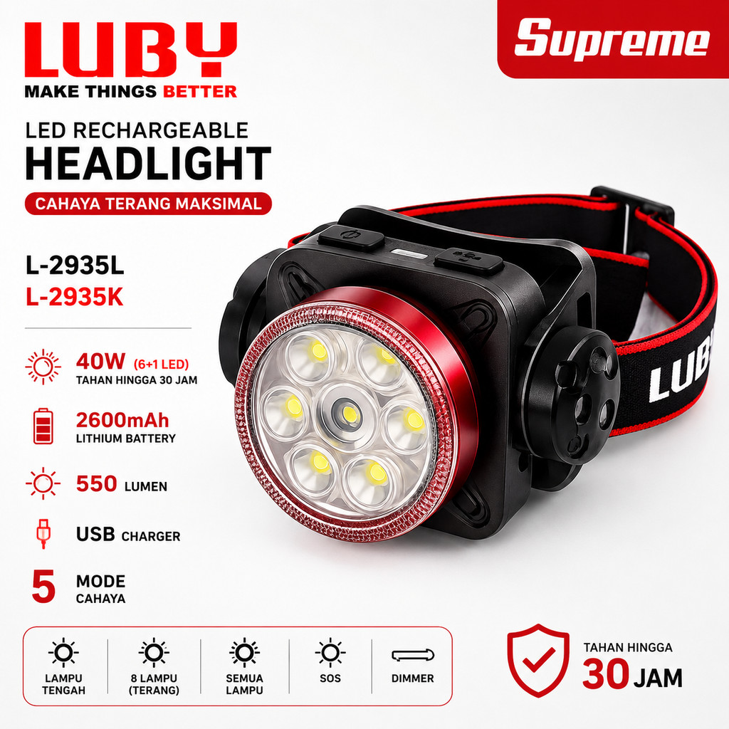 LUBY Headlamp Senter Kepala Supreme 550 Lumen 6+1 LED Laser Chip 5 Mode 40 Watt 2600 mAh Lithium Rec