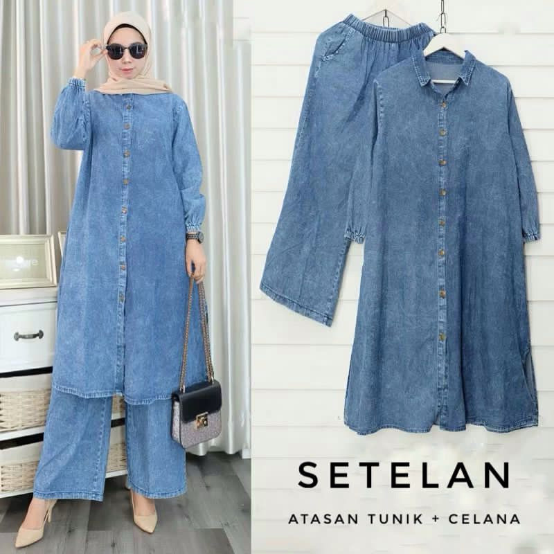 Jammie one set long jeans wanita setelan celana atasan tunik panjang