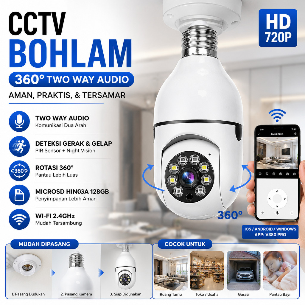 Kamera CCTV Bohlam Lampu Spy Cam Wifi Wireless Ip Camera V380 Pro 1Mp Hd 720P Fitting E27 Panoramic 