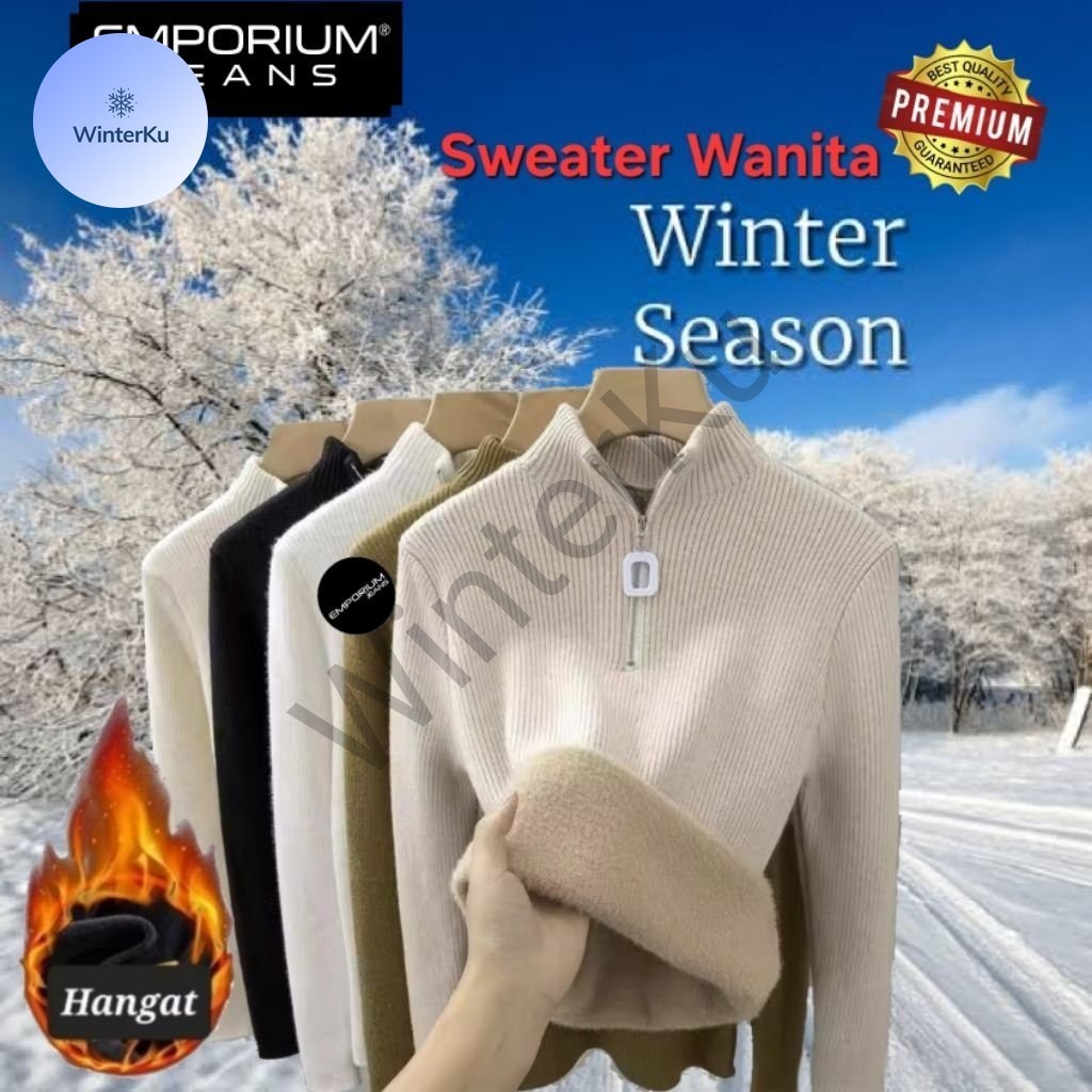 WinterKu Sweater Wanita Musim Dingin | Atasan Thermal Half-Zip Ribbed Knit Fleece