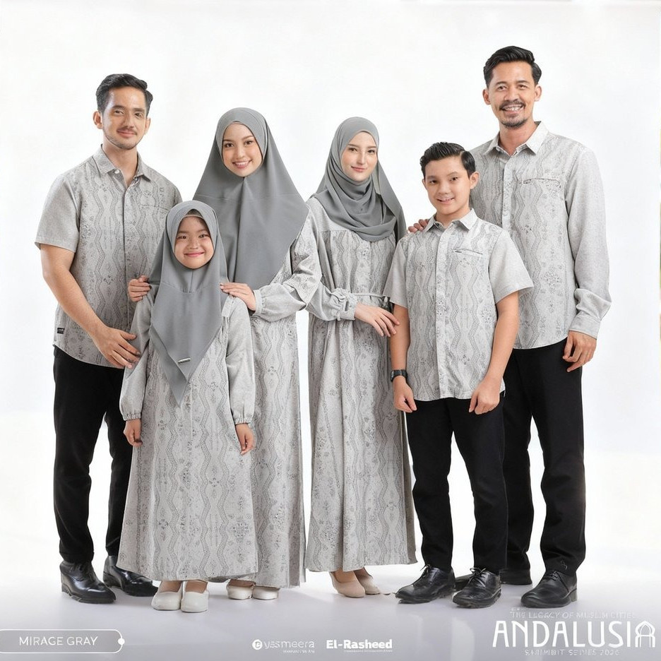Baju Keluarga Sarimbit Lebaran 2026 Couple Pasangan Koko Dress Model Terbaru Yasmeera Andalusia Grey