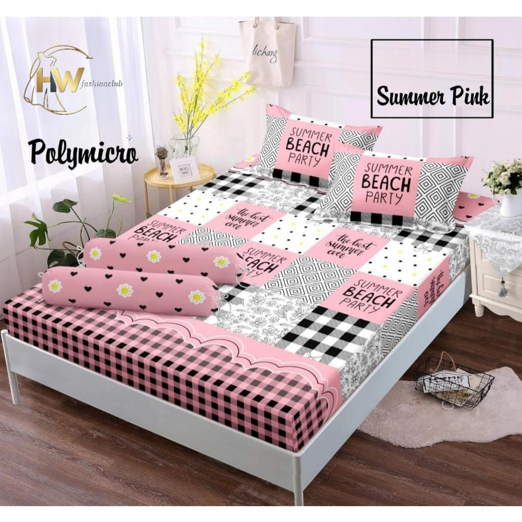 RNA Sprei Polymicro Aesthetic Summer Pink Motif Kotak Hitam Putih 180x200 4 SUDUT KARET ANTI GESER T