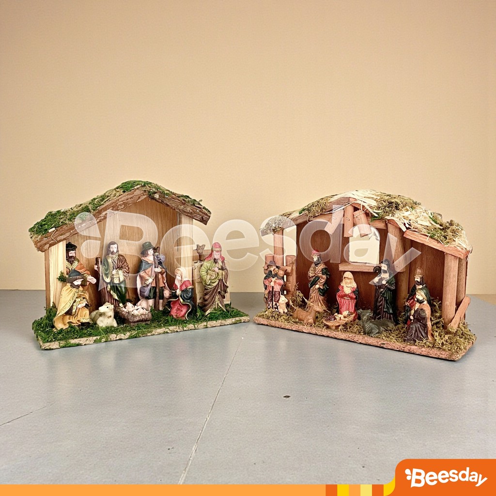 Dekorasi Natal Set Patung Kelahiran Yesus Rumah Kayu (V92) | Diorama Handmade Fiberglass | Pajangan 