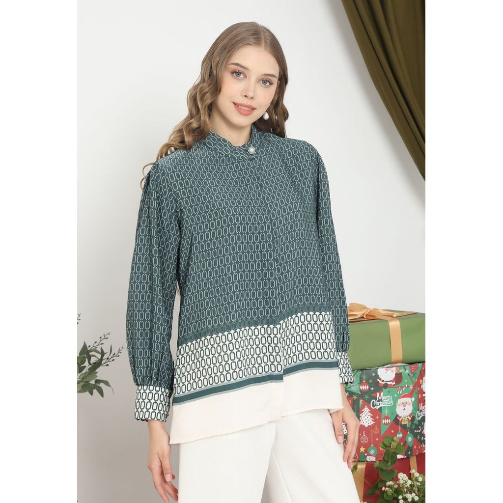 Blus Wanita Hijau Botol Motif Rantai Kekinian Woman Blouse With Chain Pattern In Emerald Green By Br