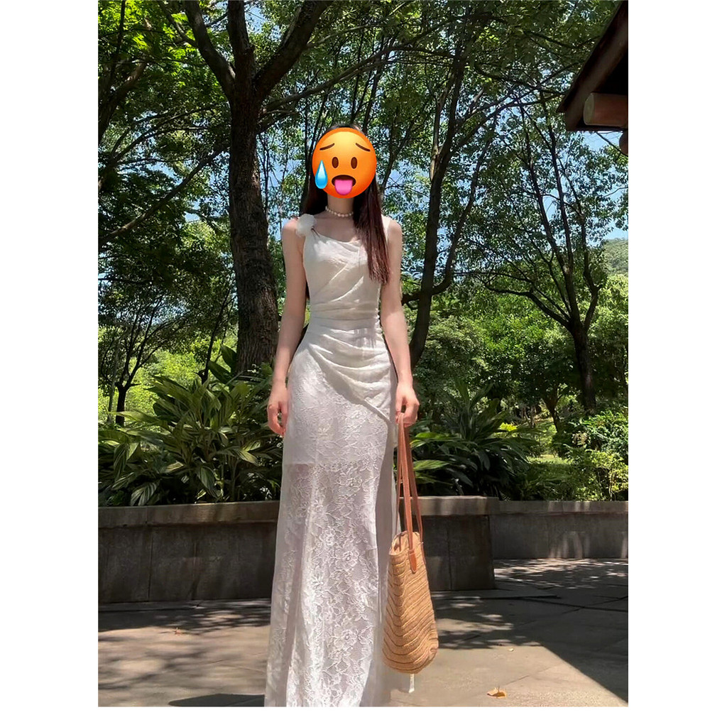 Gaun renda putih sling, gaun ramping, gaun pinggul panjang, gaun renda putih sling