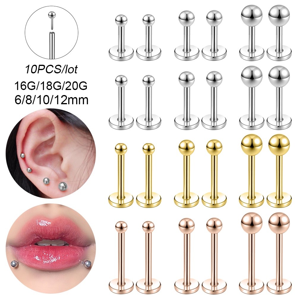 10Pcs/lot 16G/18G/20G Stainless Steel Nostril Piercing Plug-In Style Round Ball Lip Labret Piercings