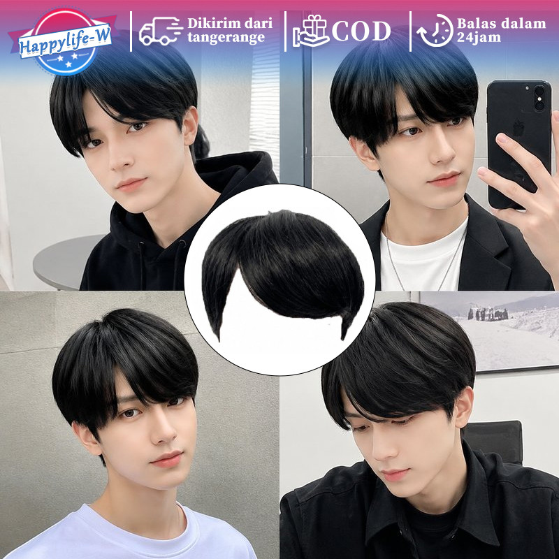 Rambut Wig Pria Pendek Rambut Palsu Pria Korea Wig Cowok Belah Tengah Wik Rambut Pria